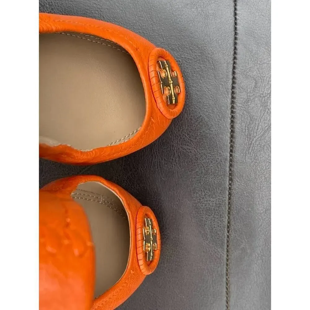 Tory Burch Minnie Travel Ballet Leather Casual Orange Women's US 5 Slip-Ons